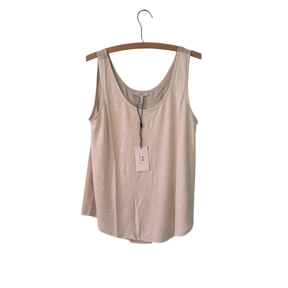 Halston Women's Large Tan beige White Striped Sleeveless Knit Tank Top